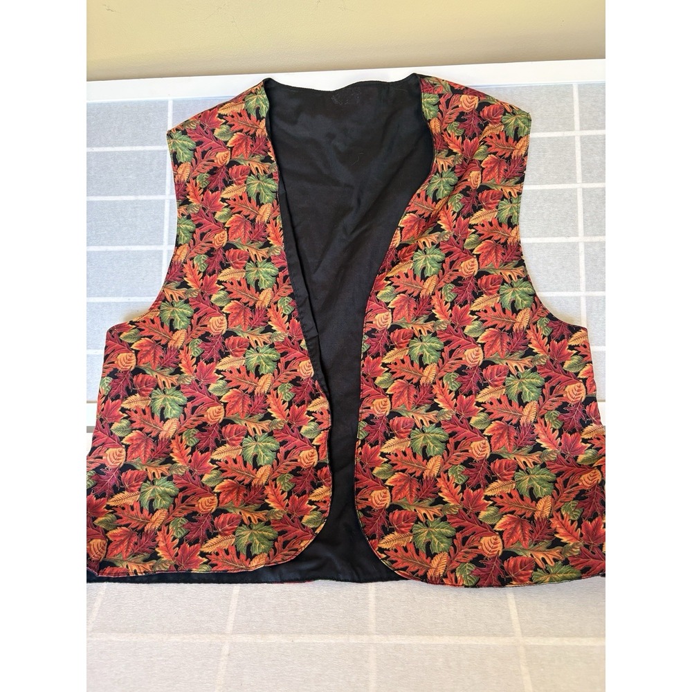 Vtg 90s Handmade Autumn Fall Thanksgiving Leaf Print Vest Goblincore Earthy XL